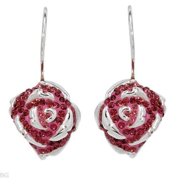 DESIGNER ROMANTIC ROSE PINK CRYSTALS SOLID .925 SILVER DANGLE EARRINGS**NEW! - Picture 4 of 5